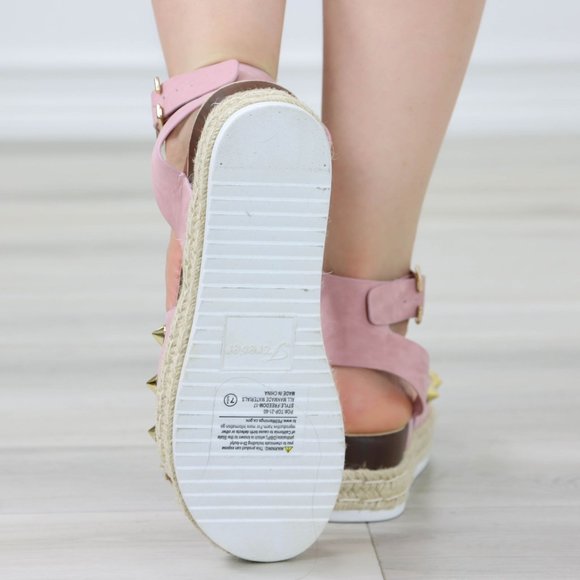 Dusty Pink Nubuck Metal Stud Sandals Espadrille Platform Heel - Picture 6 of 13